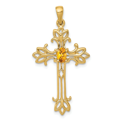 14K Yellow Gold 5X3mm Oval Citrine Cross Pendant