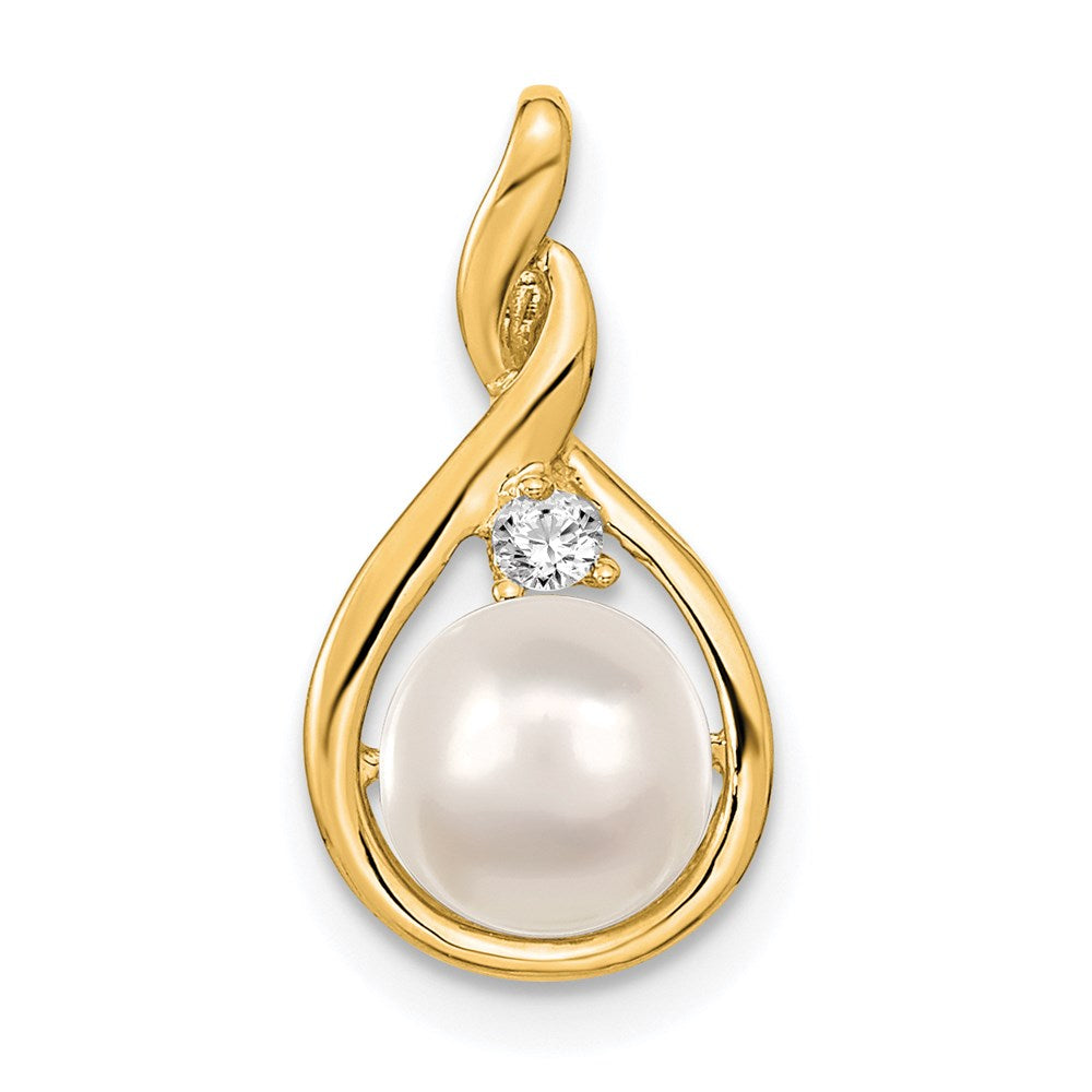 14K Yellow Gold 7mm White Round Freshwater Cultured Pearl Vs Diamond Pendant