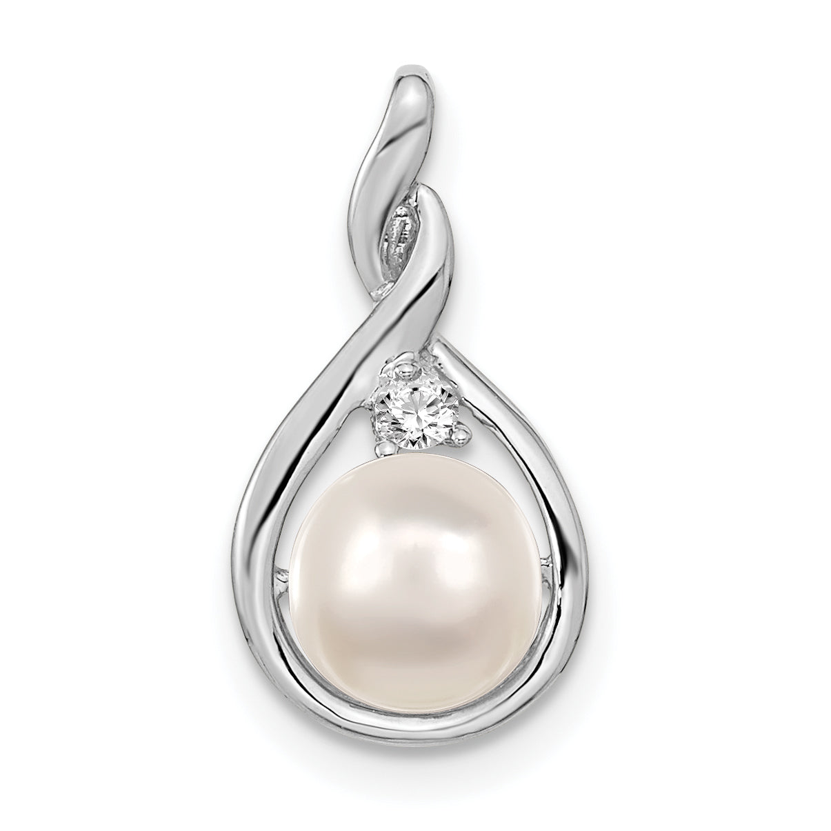 14K White Gold 7mm Whtie Round Fw Cultured Pearl Vs Diamond Pendant