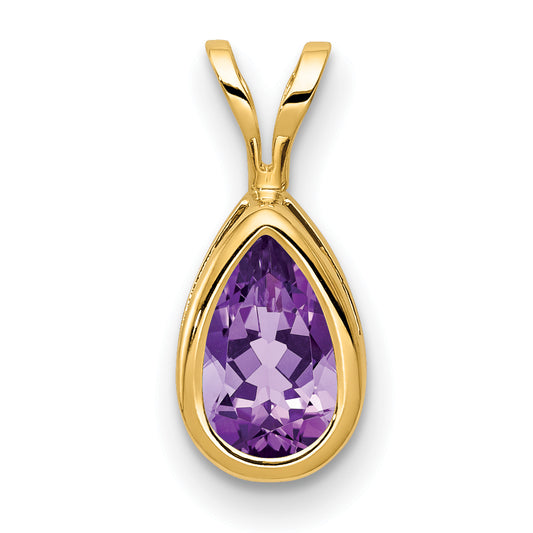 14K Yellow Gold 8x5mm Pear Amethyst Checker bezel pendant