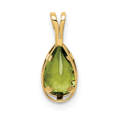 14K Yellow Gold 8x5mm Pear Peridot Checker bezel pendant