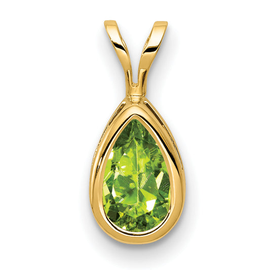 14K Yellow Gold 8x5mm Pear Peridot Checker bezel pendant