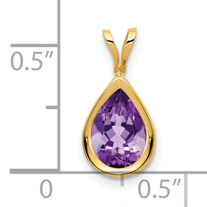 14K Yellow Gold 9x6mm Pear Amethyst Checker bezel pendant