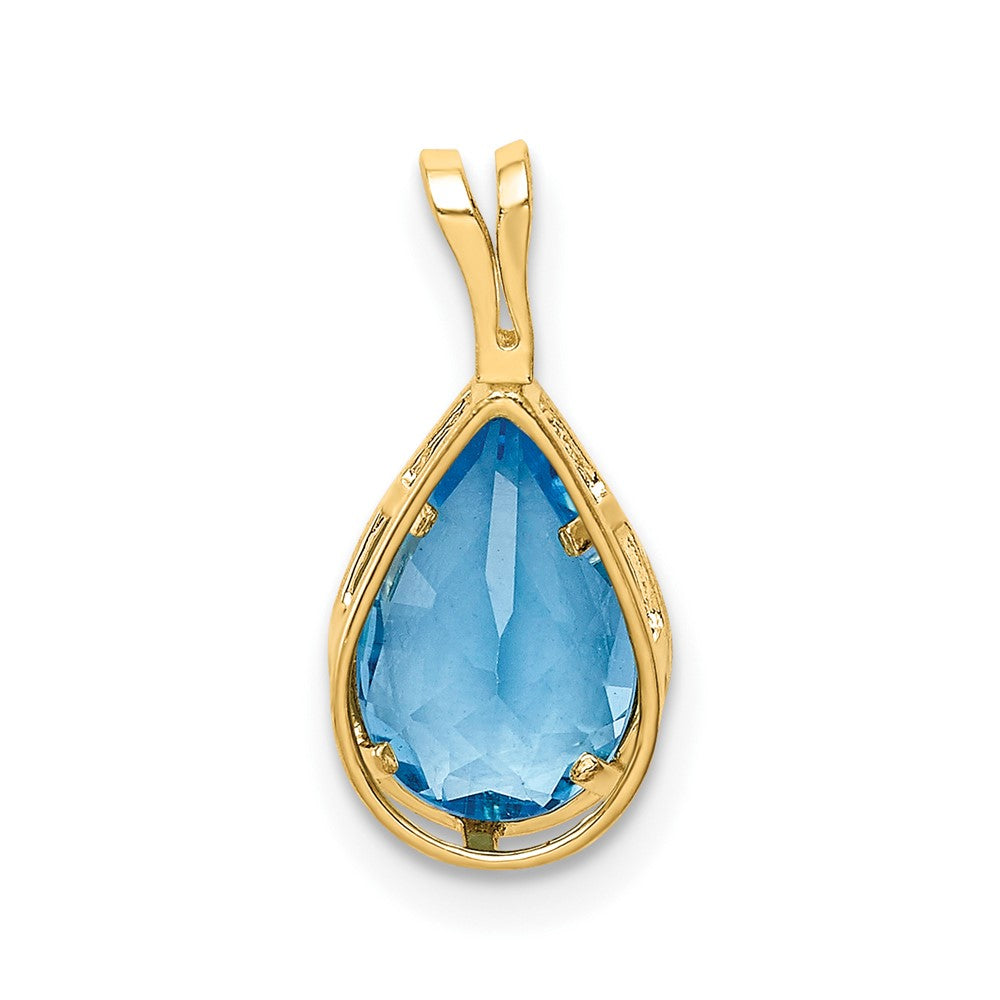 14K Yellow Gold 9x6mm Pear Blue Topaz Checker bezel pendant
