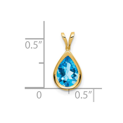 14K Yellow Gold 9x6mm Pear Blue Topaz Checker bezel pendant