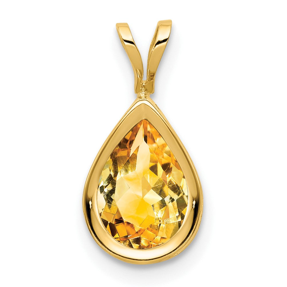 14K Yellow Gold 9x6mm Pear Citrine Checker bezel pendant
