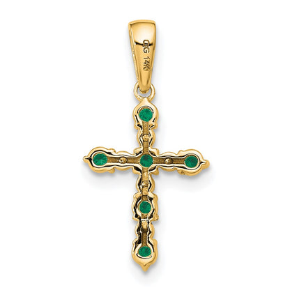 14K Yellow Gold Lab Created Emerald and Diamond Cross Pendant