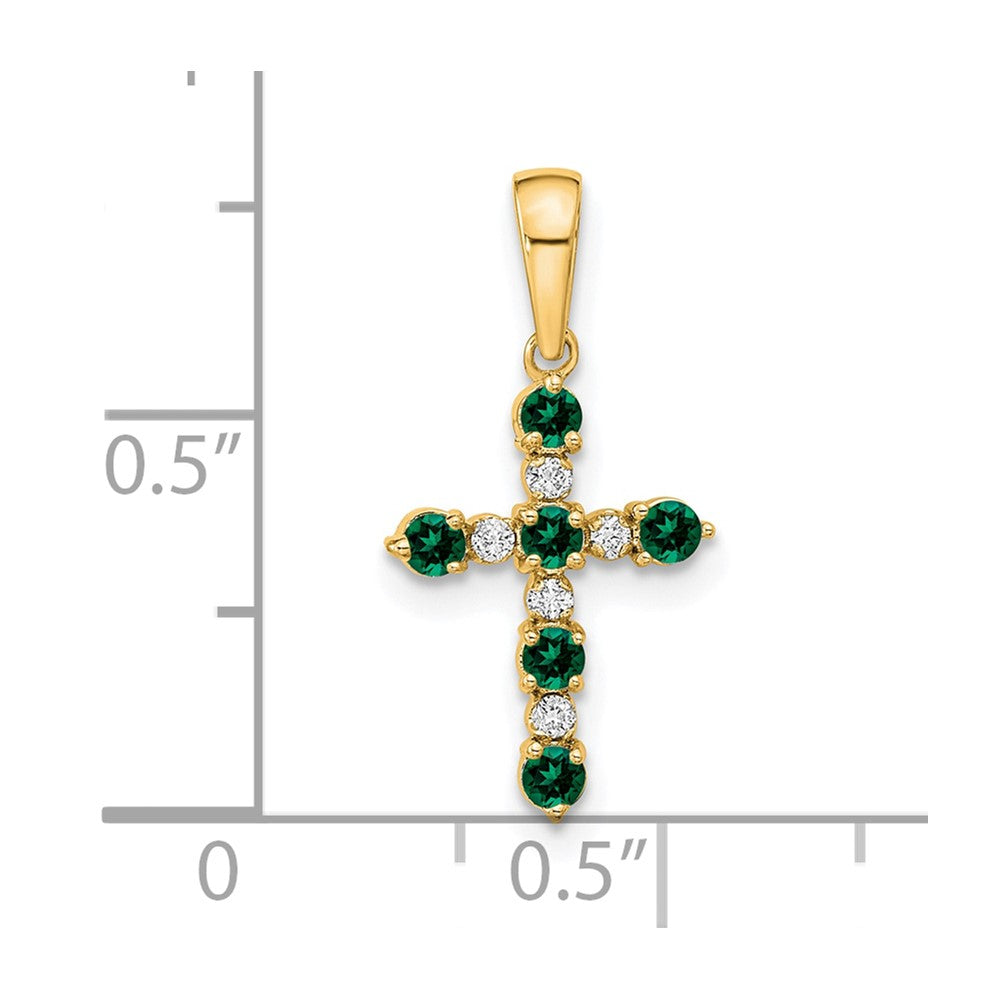 14K Yellow Gold Lab Created Emerald and Diamond Cross Pendant