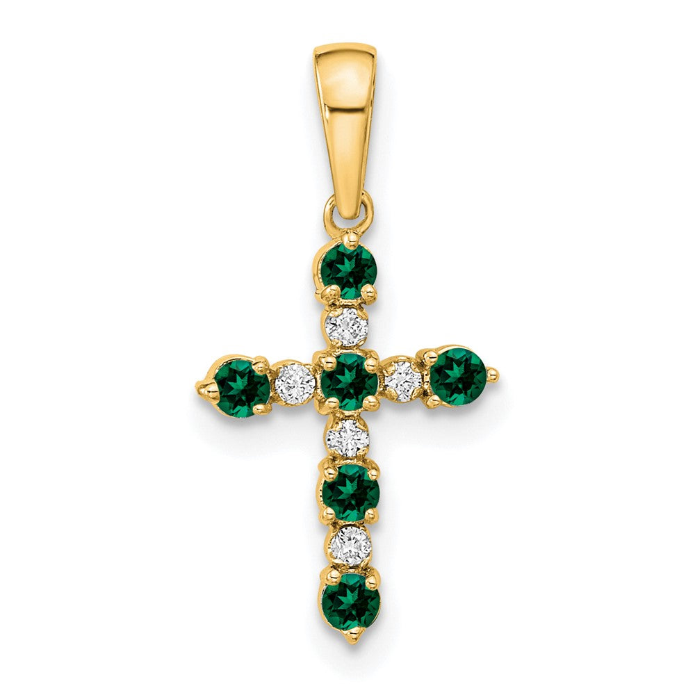 14K Yellow Gold Lab Created Emerald and Diamond Cross Pendant