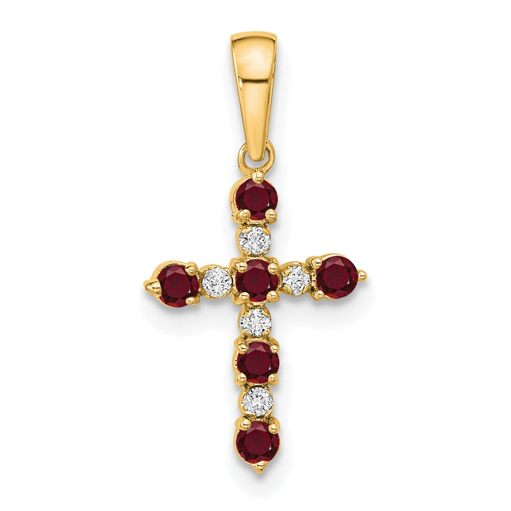 14K Yellow Gold Lab Created Ruby and Diamond Cross Pendant