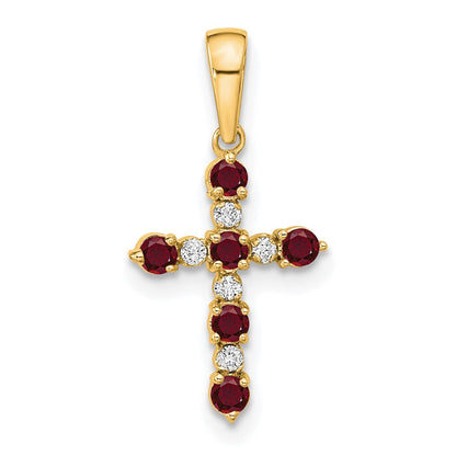 14K Yellow Gold Lab Created Ruby and Diamond Cross Pendant