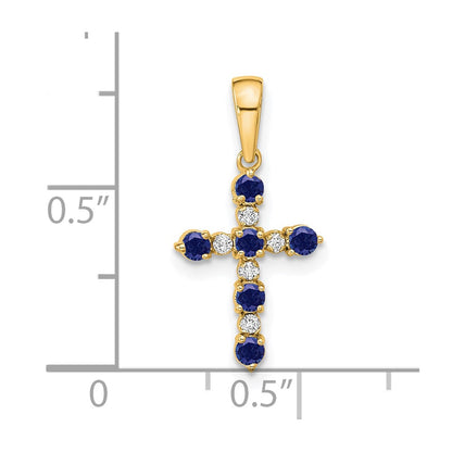14K Yellow Gold Lab Created Sapphire and Diamond Cross Pendant