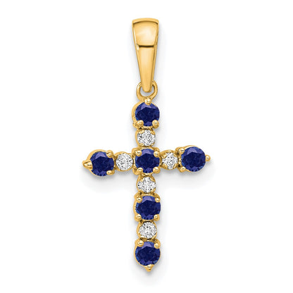 14K Yellow Gold Lab Created Sapphire and Diamond Cross Pendant