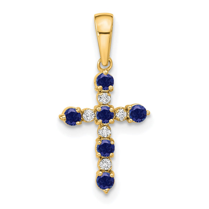 14K Yellow Gold Lab Created Sapphire and Diamond Cross Pendant