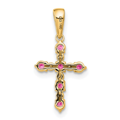14K Yellow Gold Pink Tourmaline and Diamond Cross Pendant