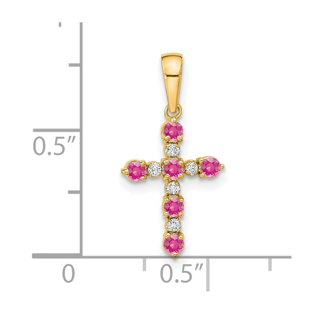 14K Yellow Gold Pink Tourmaline and Diamond Cross Pendant