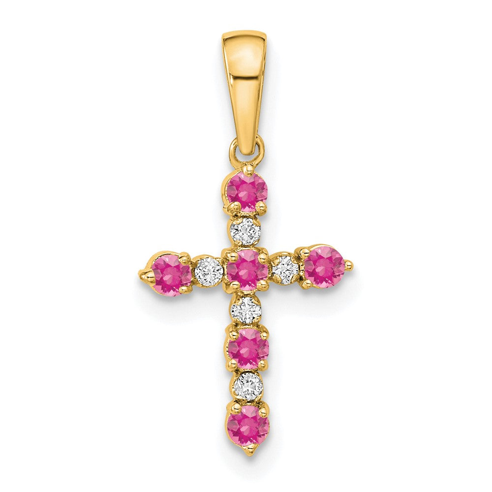 14K Yellow Gold Pink Tourmaline and Diamond Cross Pendant