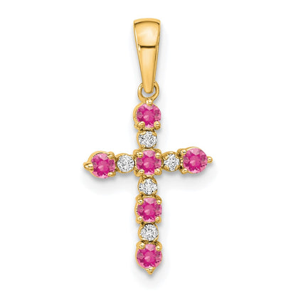 14K Yellow Gold Pink Tourmaline and Diamond Cross Pendant