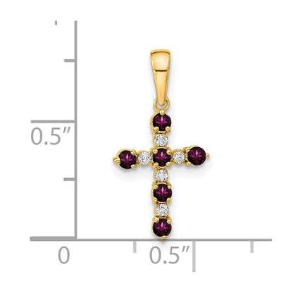 14K Yellow Gold Rhodolite Garnet and Diamond Cross Pendant