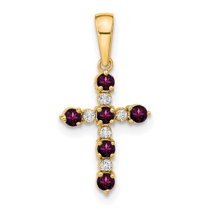 14K Yellow Gold Rhodolite Garnet and Diamond Cross Pendant