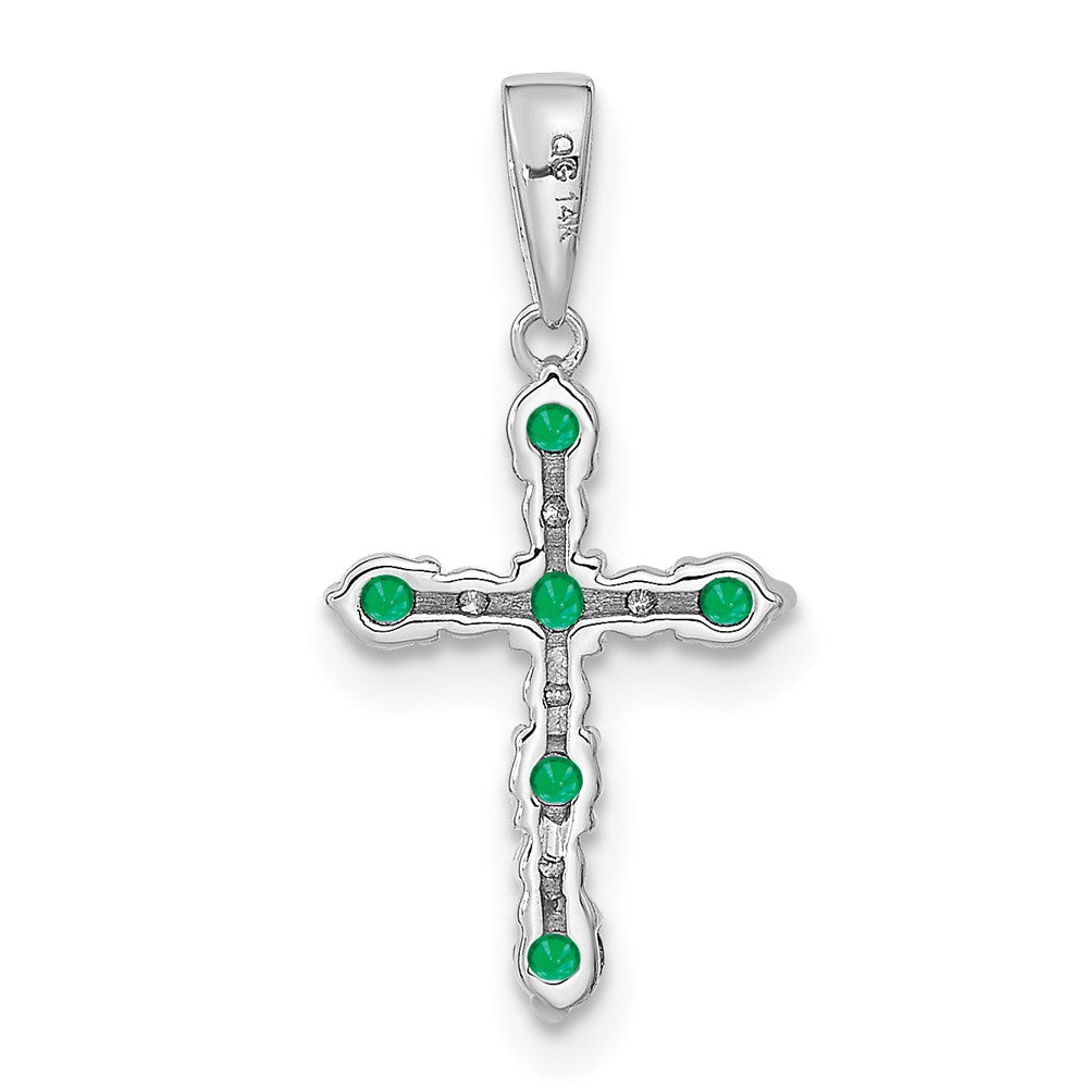 14K White Gold Lab Created Emerald and Diamond Cross Pendant