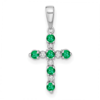 14K White Gold Lab Created Emerald and Diamond Cross Pendant