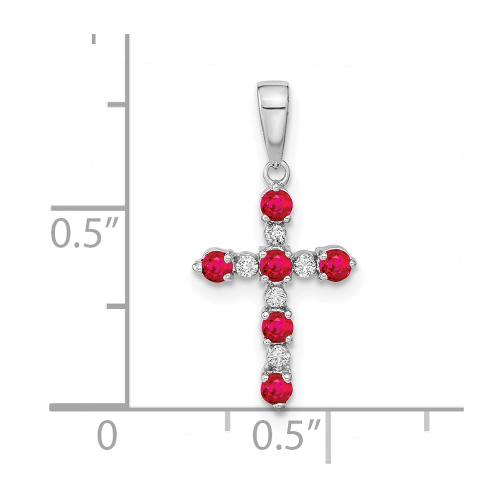 14K White Gold Lab Created Ruby and Diamond Cross Pendant