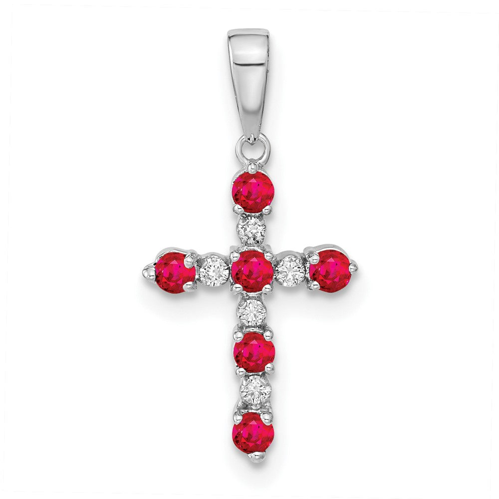 14K White Gold Lab Created Ruby and Diamond Cross Pendant