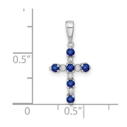 14K White Gold Lab Created Sapphire and Diamond Cross Pendant