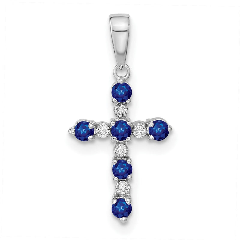 14K White Gold Lab Created Sapphire and Diamond Cross Pendant