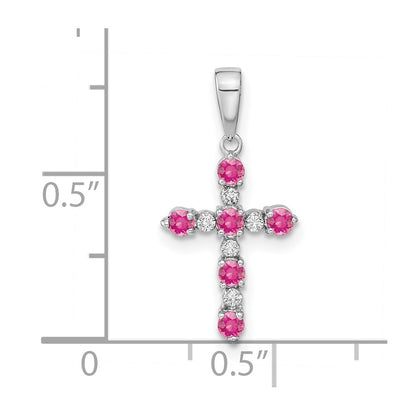 14K White Gold Pink Tourmaline and Diamond Cross Pendant
