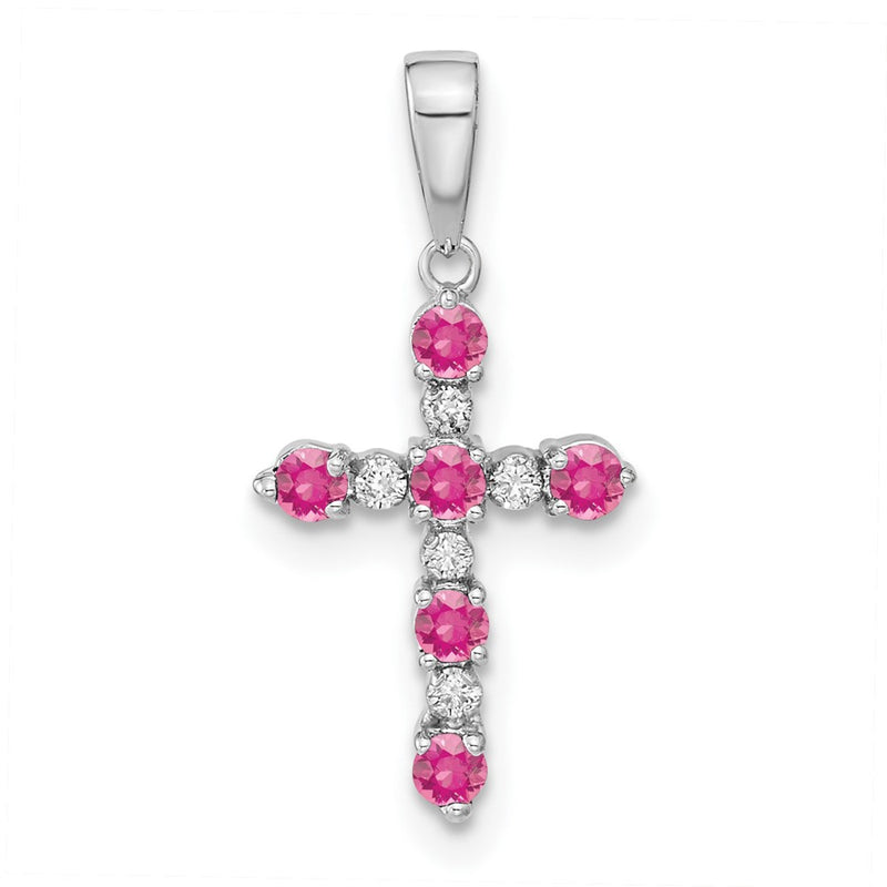 14K White Gold Pink Tourmaline and Diamond Cross Pendant