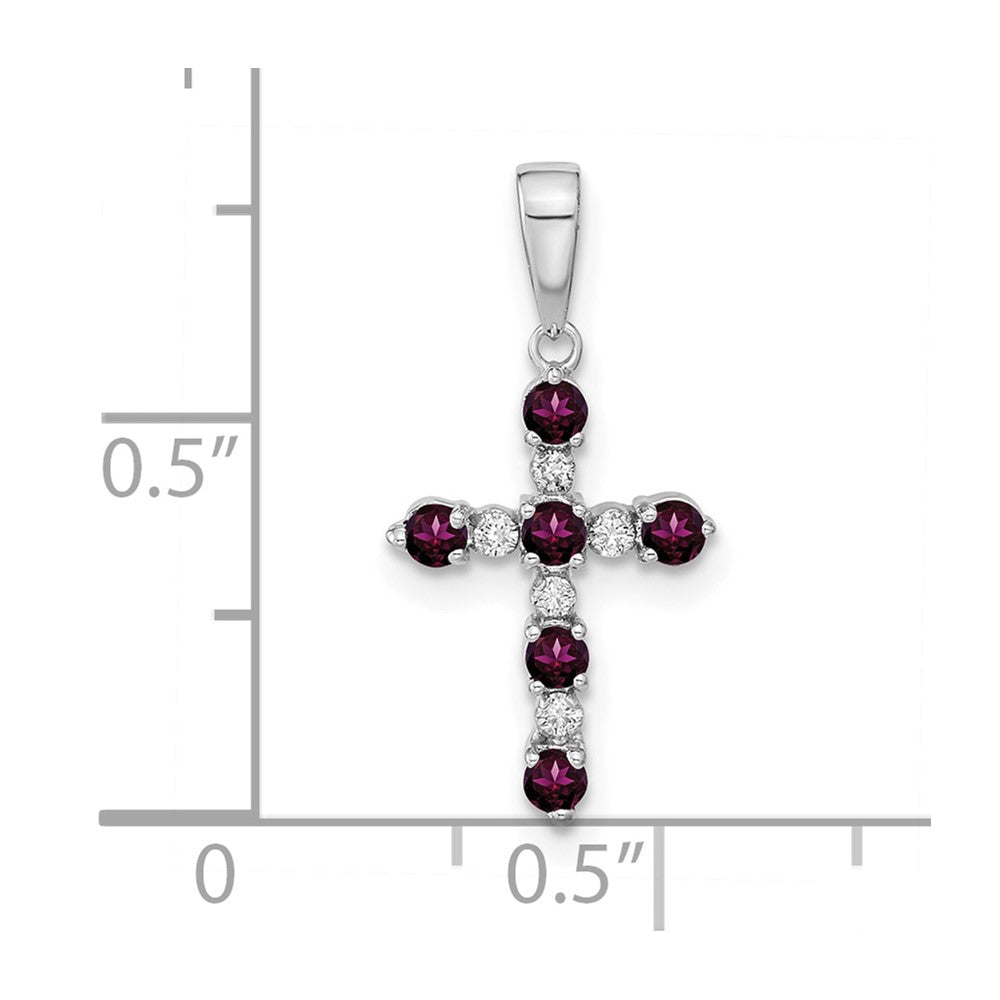 14K White Gold Rhodolite Garnet and Diamond Cross Pendant