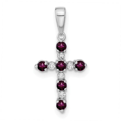 14K White Gold Rhodolite Garnet and Diamond Cross Pendant