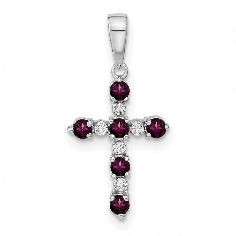 14K White Gold Rhodolite Garnet and Diamond Cross Pendant