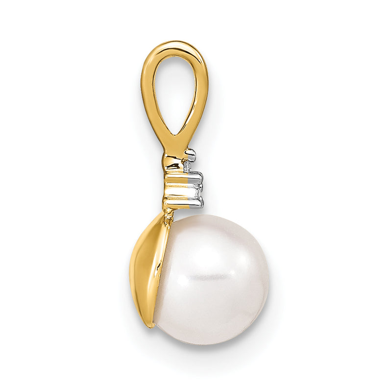 14K Yellow Gold 6 7mm White Round Fw Cultured Pearl And Diamond Pendant