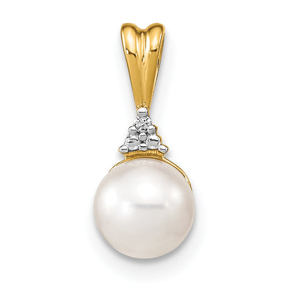 14K Yellow Gold 6 7mm White Round Fw Cultured Pearl And Diamond Pendant