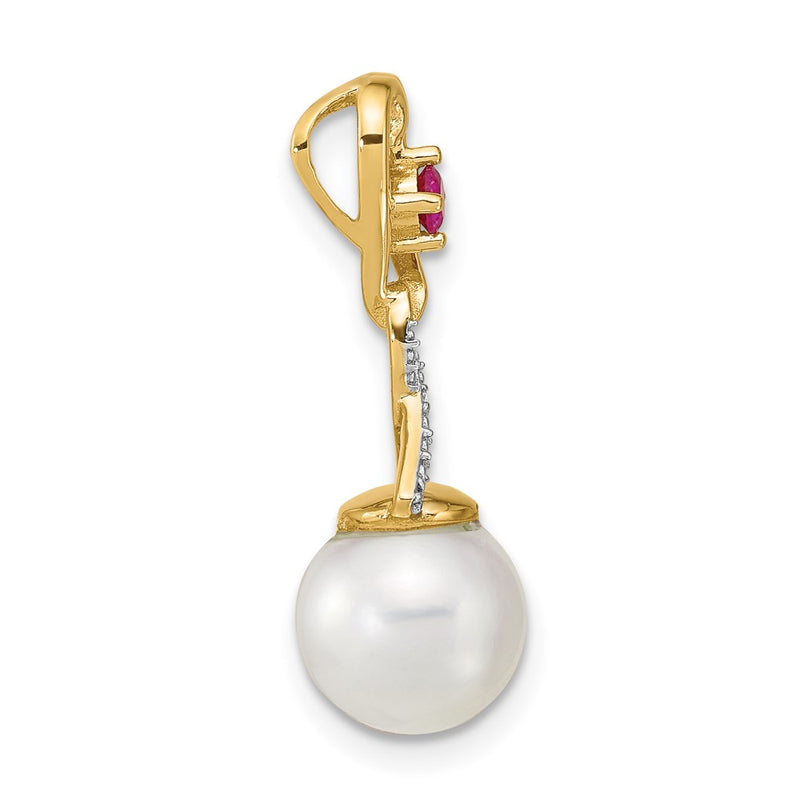 14K Yellow Gold Diamond 8 9mm Round Fwc Pearl Lab Cr. Ruby Chain Slide