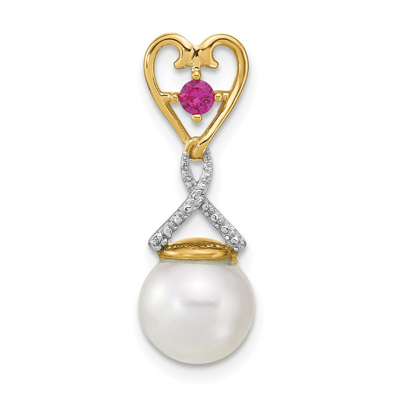 14K Yellow Gold Diamond 8 9mm Round Fwc Pearl Lab Cr. Ruby Chain Slide