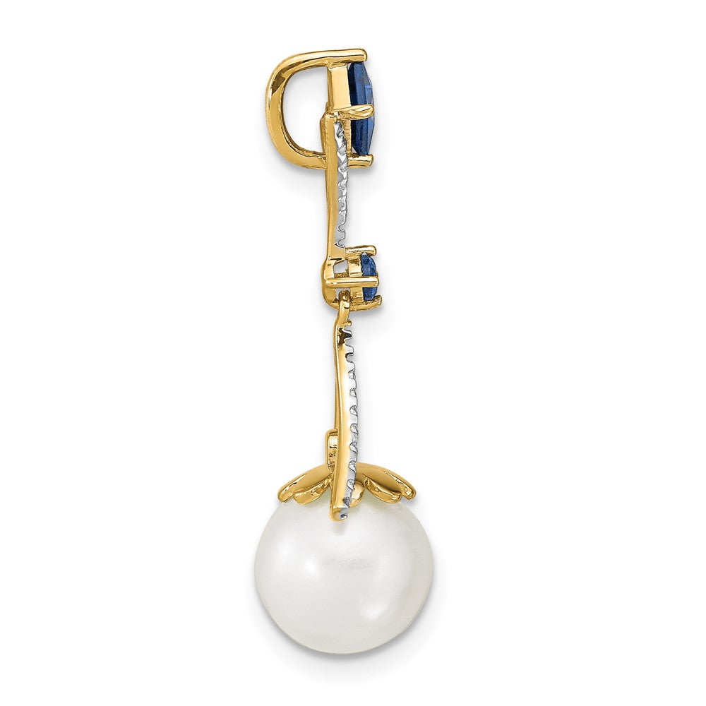 14K Yellow Gold Diamond 8 9mm Round Fwc Pearl/Created Sapphire Chain Slide