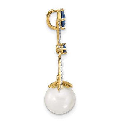 14K Yellow Gold Diamond 8 9mm Round Fwc Pearl/Created Sapphire Chain Slide