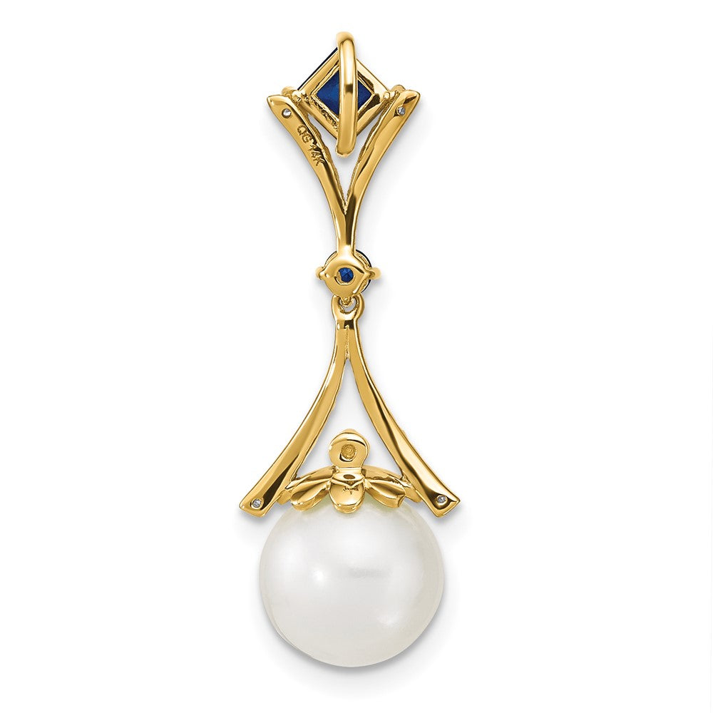 14K Yellow Gold Diamond 8 9mm Round Fwc Pearl/Created Sapphire Chain Slide