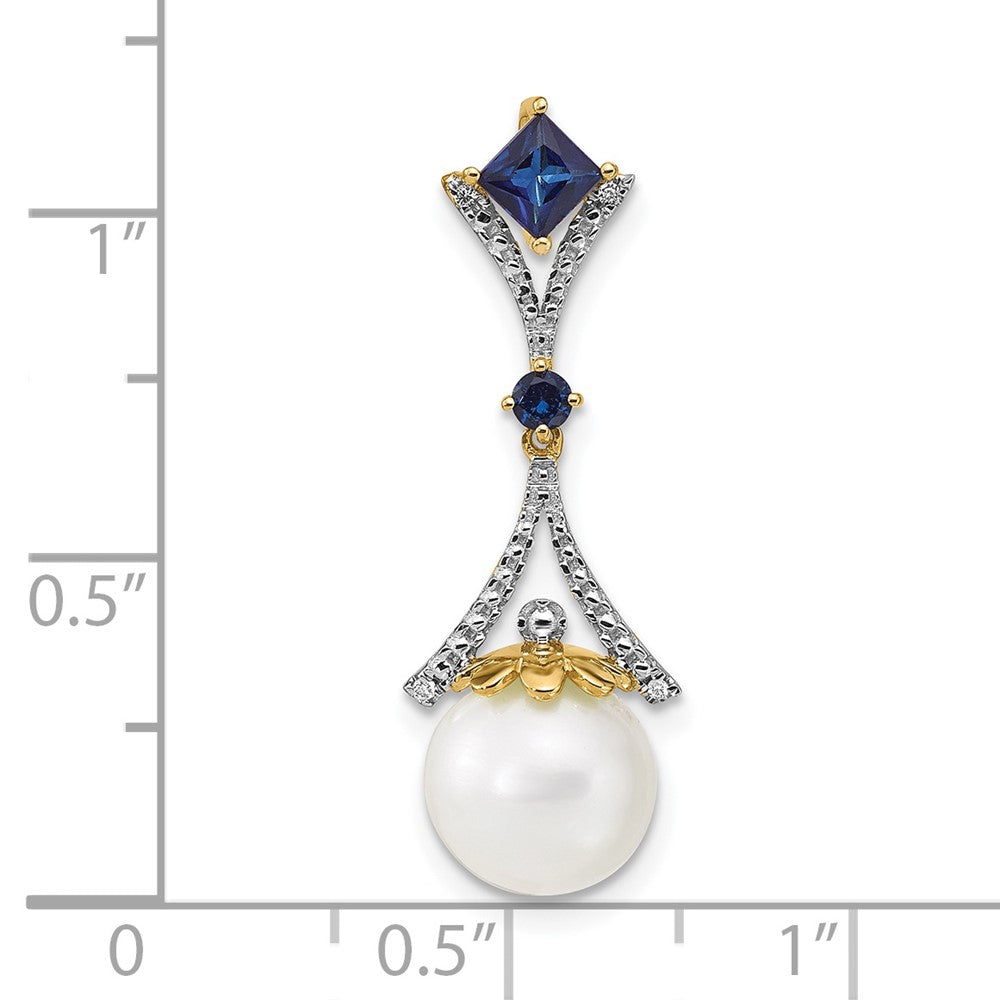 14K Yellow Gold Diamond 8 9mm Round Fwc Pearl/Created Sapphire Chain Slide