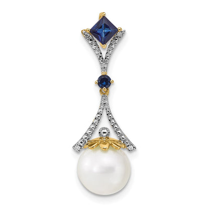14K Yellow Gold Diamond 8 9mm Round Fwc Pearl/Created Sapphire Chain Slide