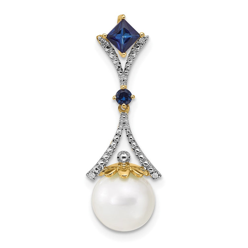 14K Yellow Gold Diamond 8 9mm Round Fwc Pearl/Created Sapphire Chain Slide