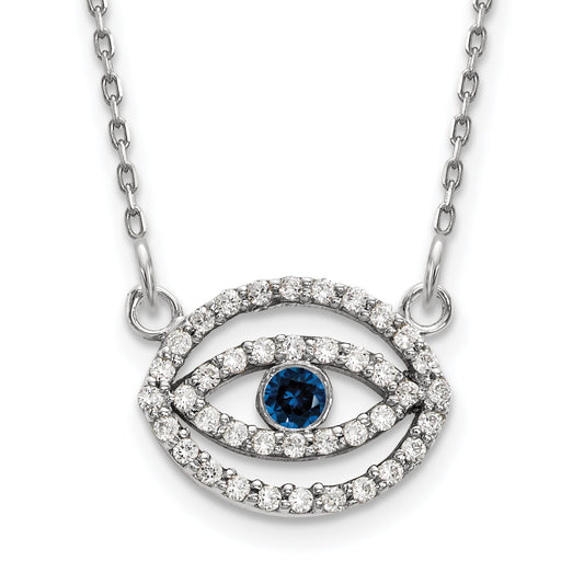 14k White Gold Small Diamond and Sapphire Halo Evil Eye Necklace