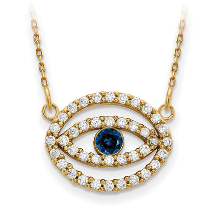 14K Yellow Gold Medium Real Diamond and Sapphire Halo Evil Eye Necklace