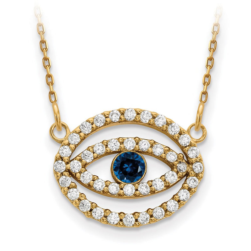 14K Yellow Gold Medium Real Diamond and Sapphire Halo Evil Eye Necklace