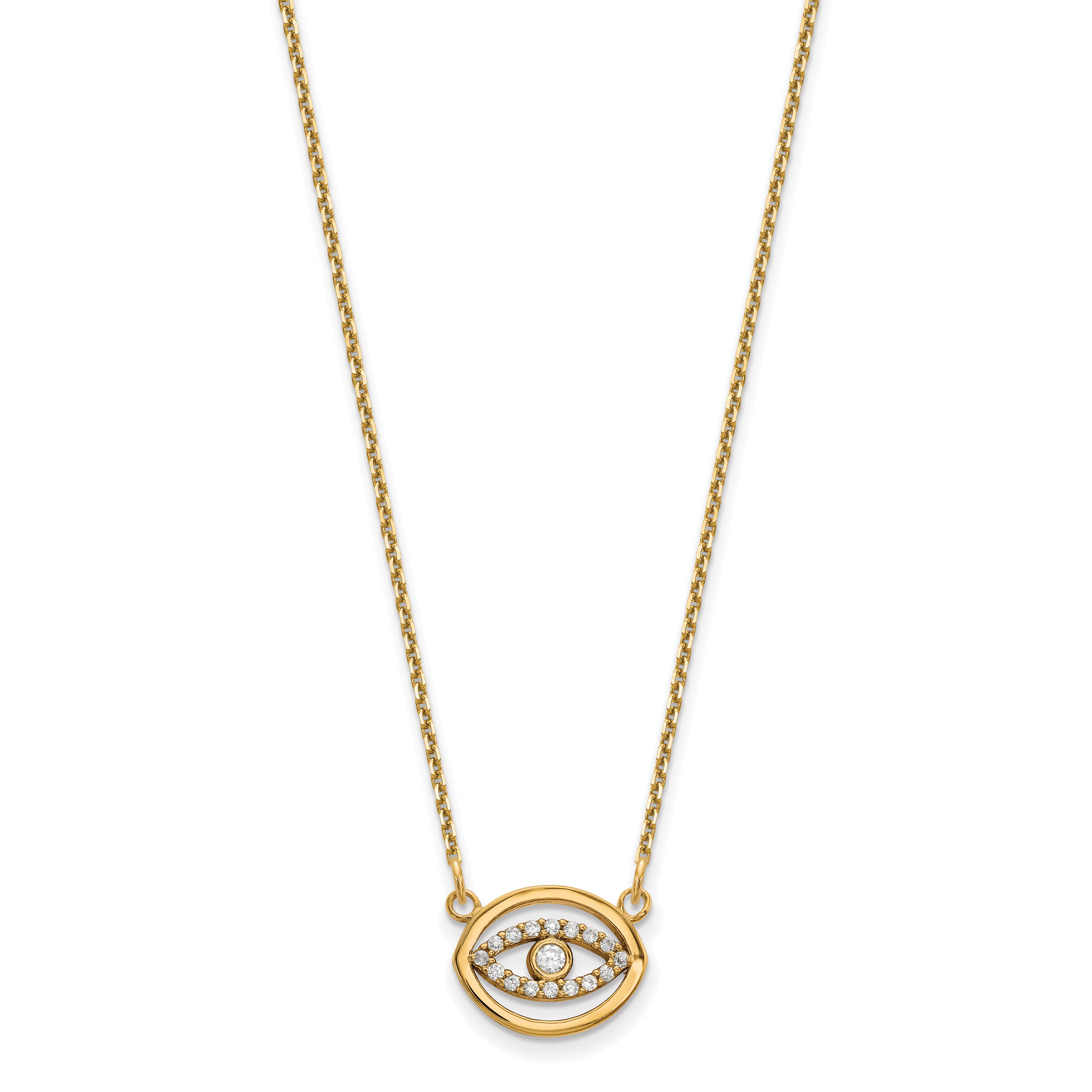 14K Yellow Gold Small Necklace Real Diamond Gold Halo Evil Eye