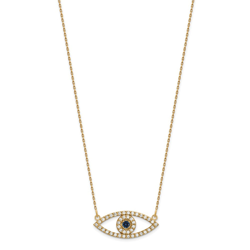 14K Yellow Gold Medium Real Diamond and Sapphire Evil Eye Necklace